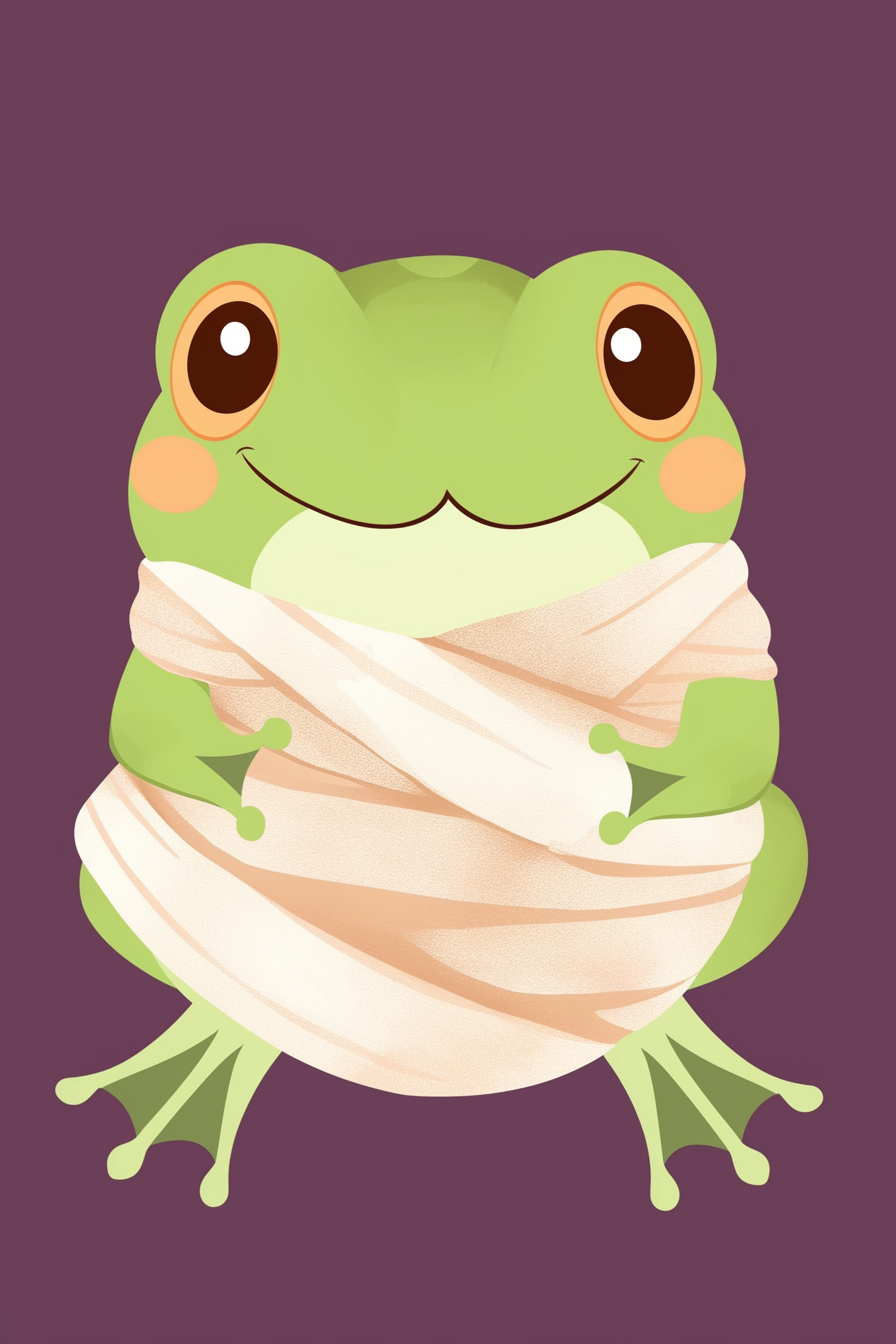 halloween frog drawing ideas 2 featuring a cute frog wrapped in mummy bandages against a purple background.